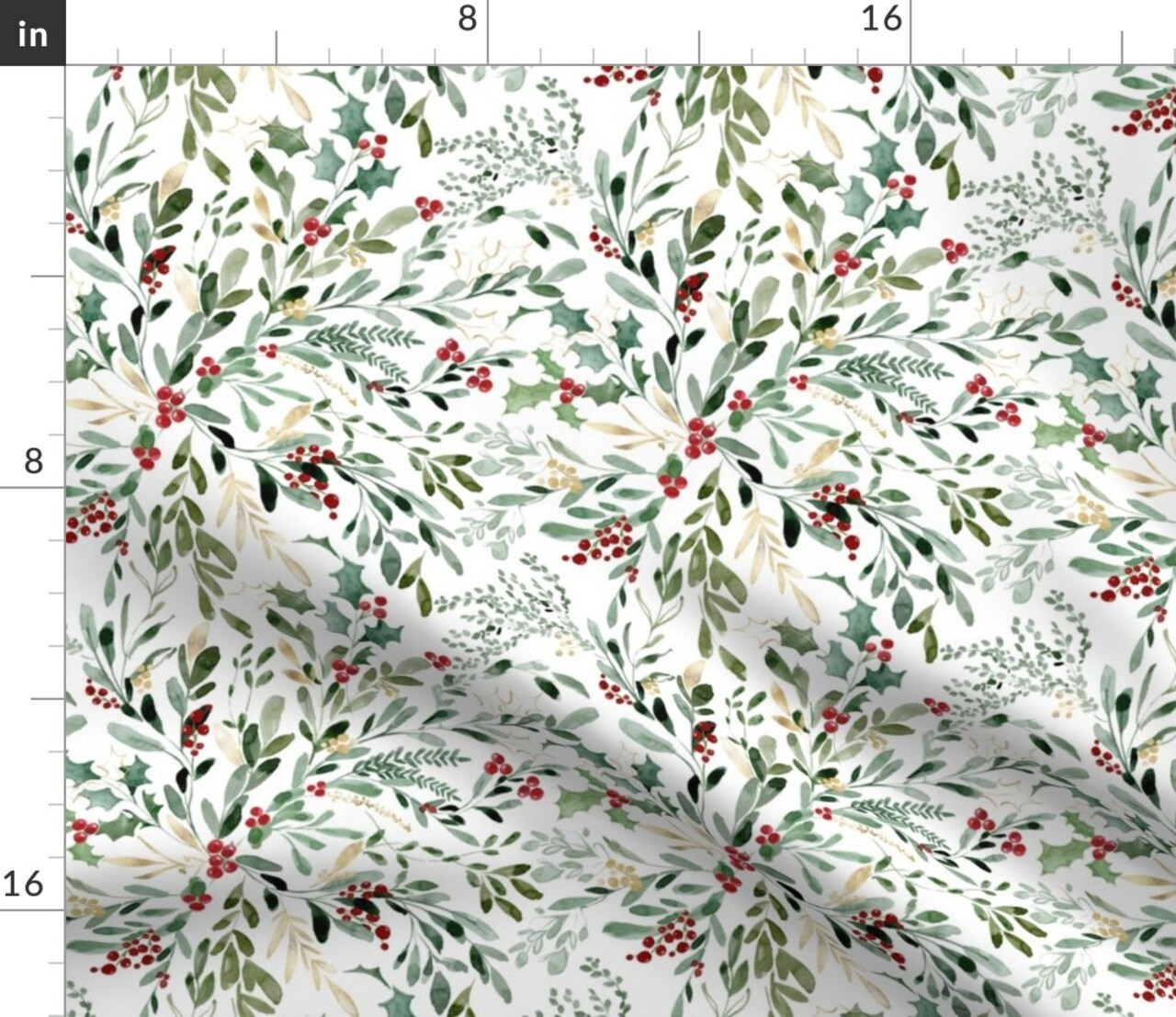 Christmas Floral Green Red Mistletoe Xmas Festive Botanical Watercolor Leaves Custom Printed Fabric by Spoonflower Various Fabrics by the Yard or Fat Quarter 15846740